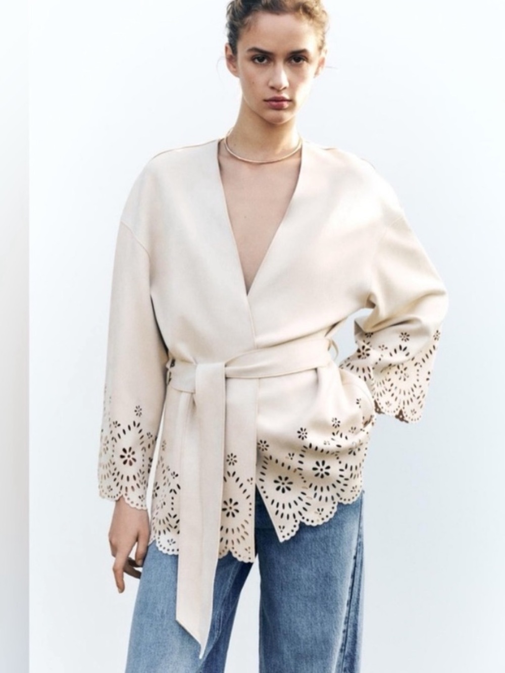 Zara Die Cut Suede Effect Kimono Jacket Size XS/S Western Boho